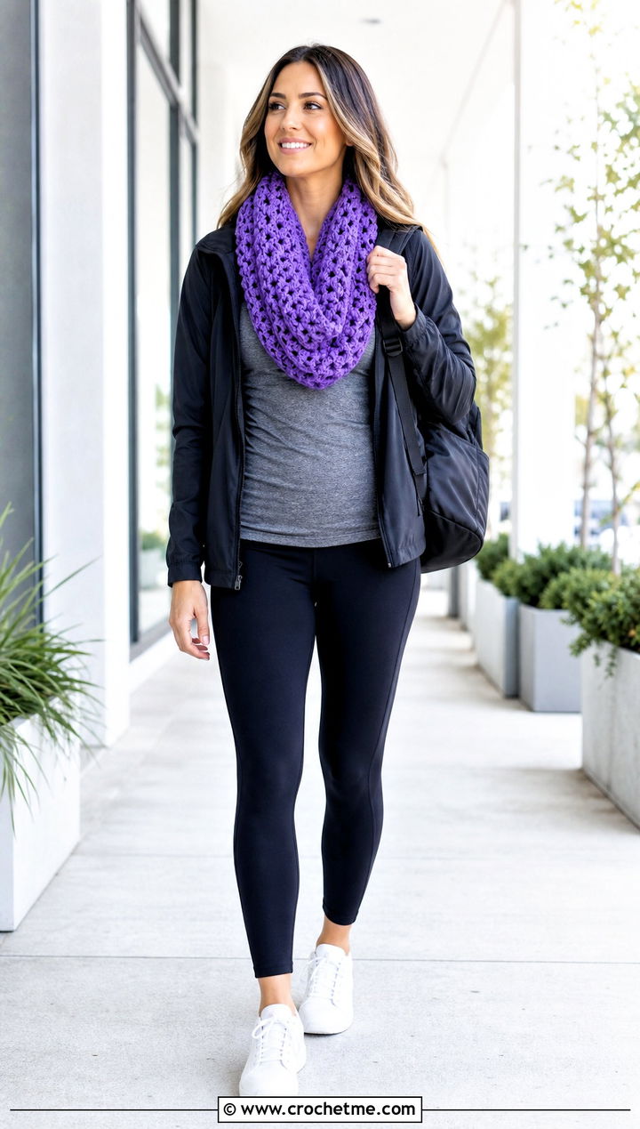 Infinity Crochet Scarf With Leggings And Sneakers - 35 cute crochet scarf outfit ideas