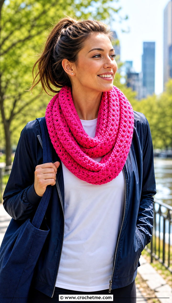 Infinity Crochet Scarf With Leggings And Track Jacket - 15 Vibrant Crochet Scarf outfit ideas