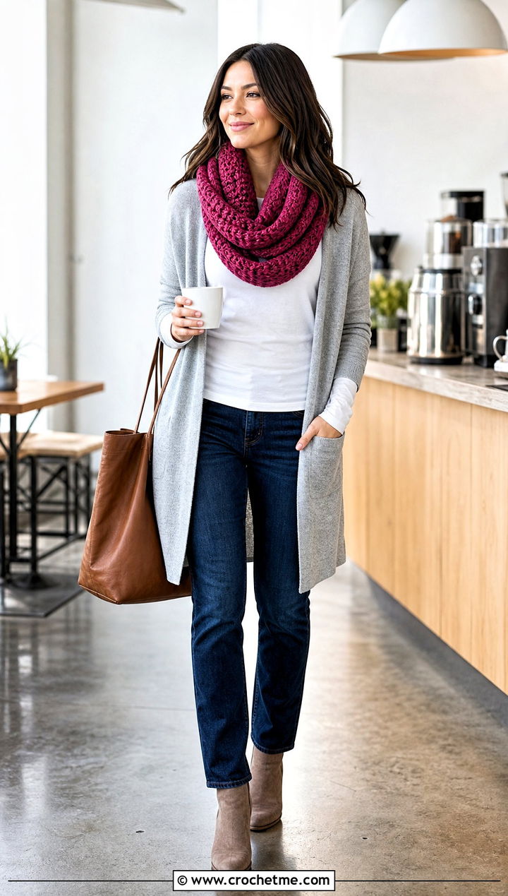 Infinity Crochet Scarf With Long Cardigan - 35 crochet neck scarf outfit ideas