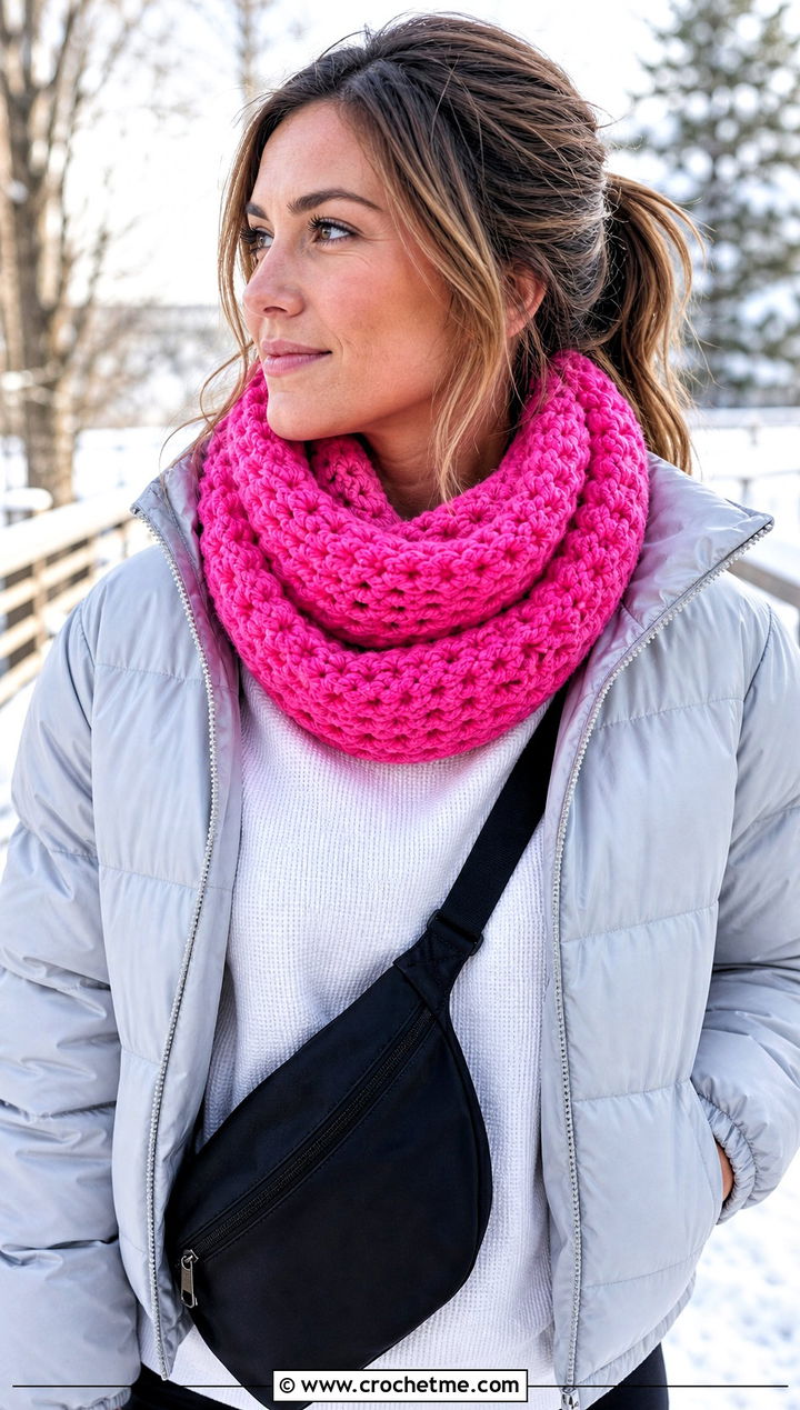 Infinity Crochet Scarf With Puffer Jacket And Leggings - 35 fun crochet scarf outfit ideas