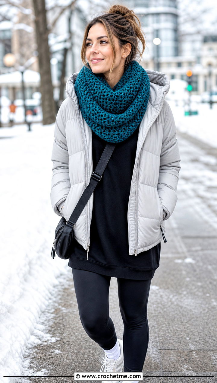Infinity Crochet Scarf With Puffer Jacket And Leggings - 25 pretty crochet scarf outfit ideas