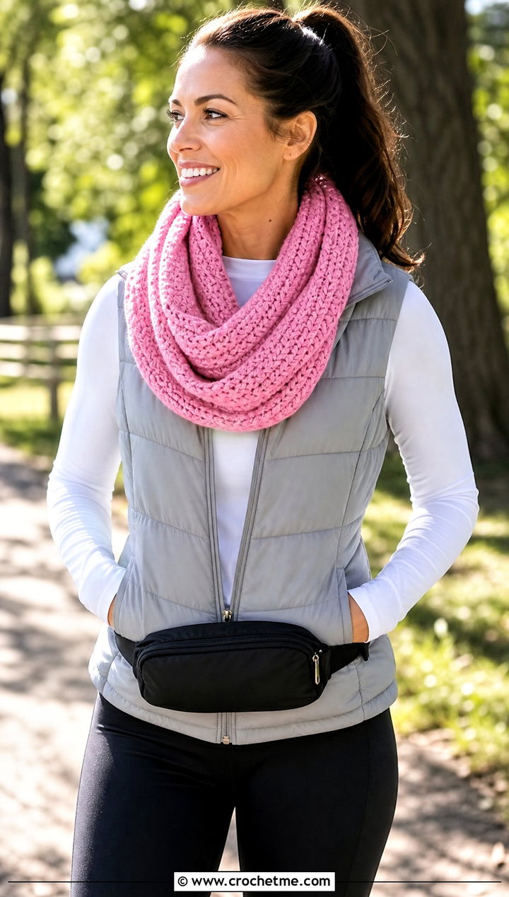 Infinity Crochet Scarf With Puffer Vest - 25 Crochet For Beginners Scarf outfit ideas