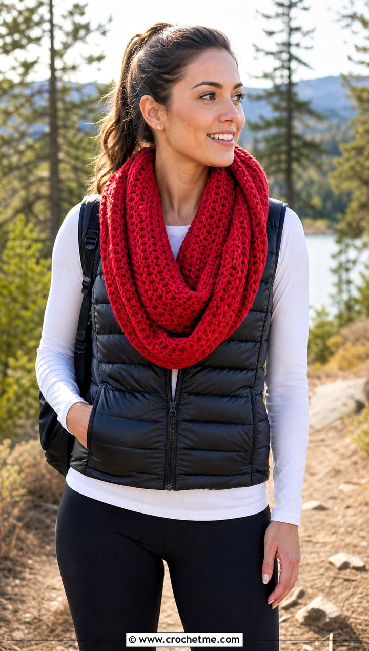 Infinity Crochet Scarf With Puffer Vest - 15 beginner crochet scarf design outfit ideas