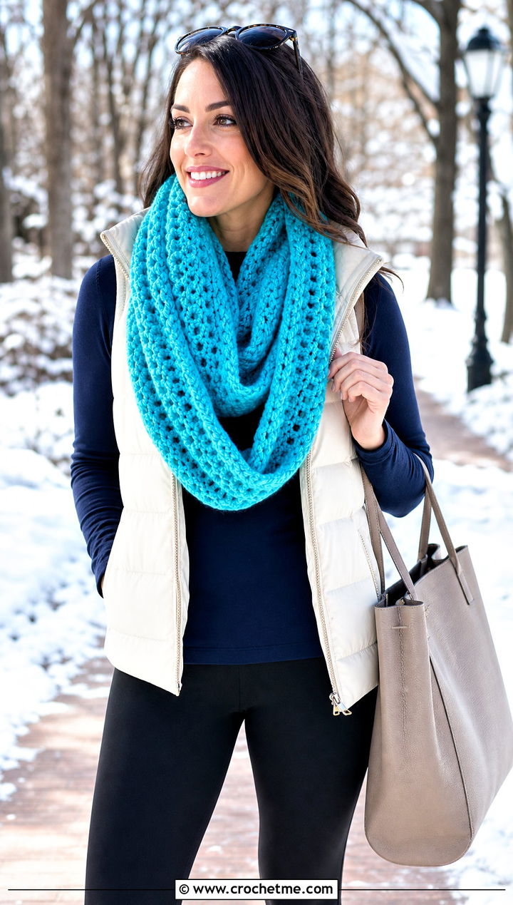 Infinity Crochet Scarf With Puffer Vest And Leggings - 15 Dainty Crochet Scarf outfit ideas