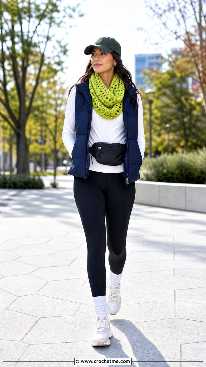 Infinity Crochet Scarf With Puffer Vest And Leggings - 35 quick crochet scarf outfit ideas