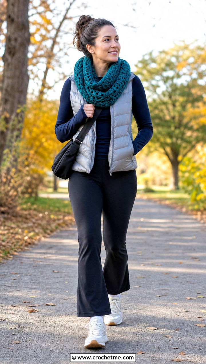 Infinity Crochet Scarf With Puffer Vest - 35 fall crochet scarf outfit ideas