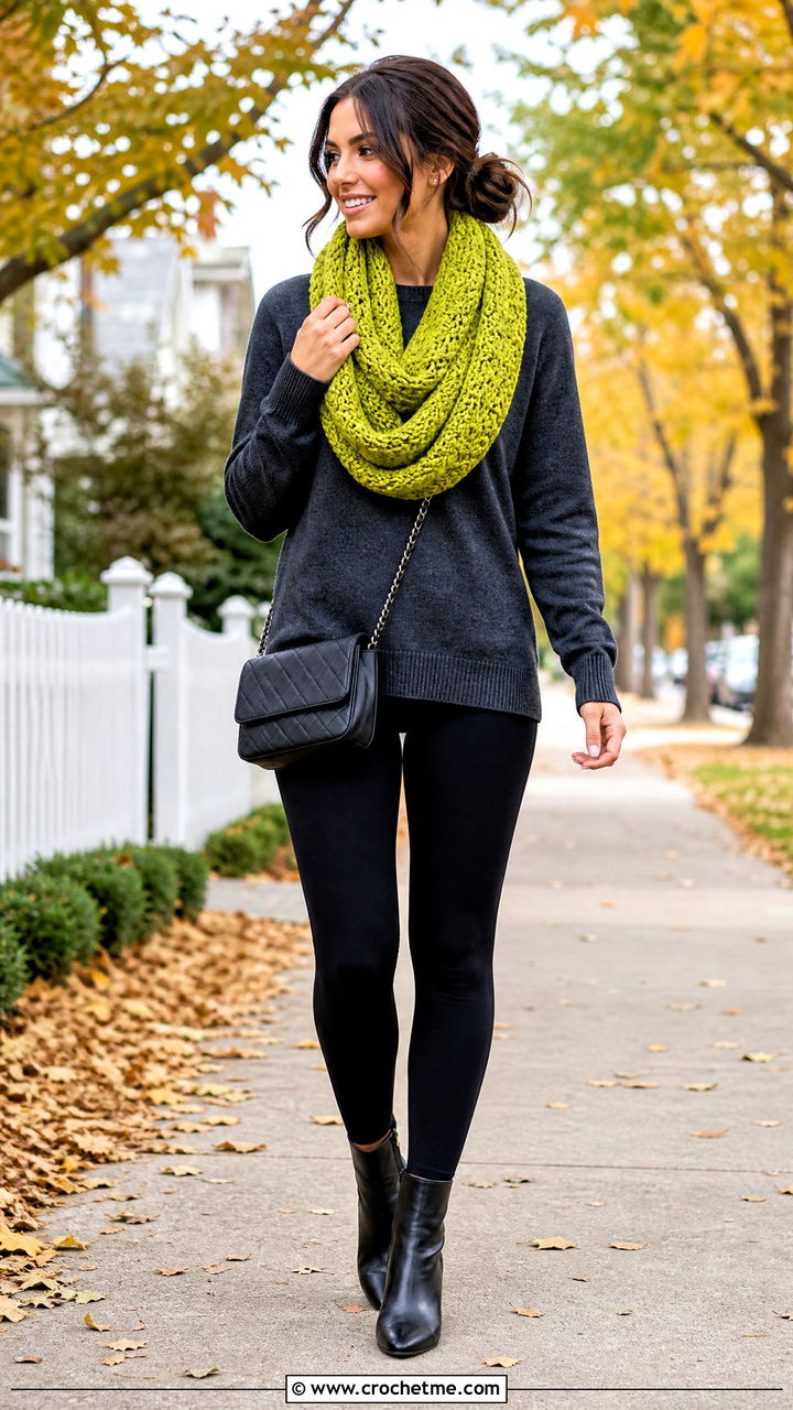 Infinity Crochet Scarf With Sweater And Leggings - 35 easy crochet scarf outfit ideas