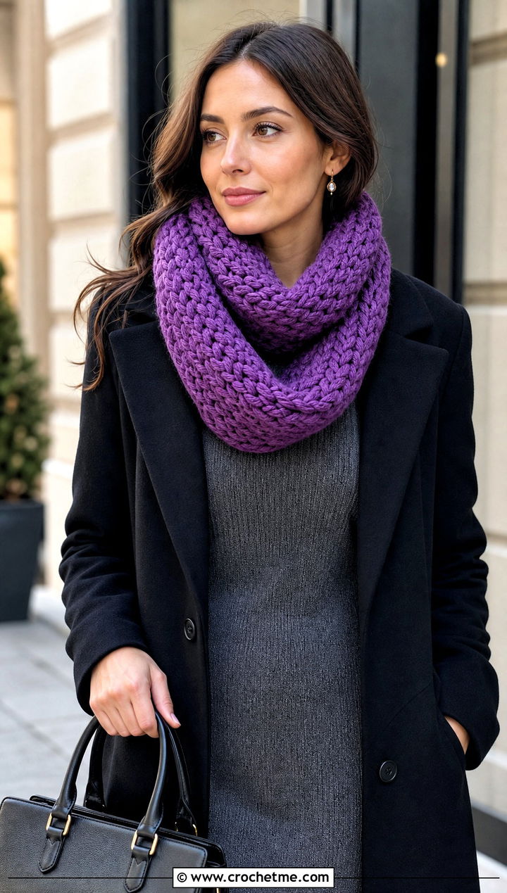Infinity Crochet Scarf With Sweater Dress And Boots - 25 Quick And Easy Crochet Scarf outfit ideas