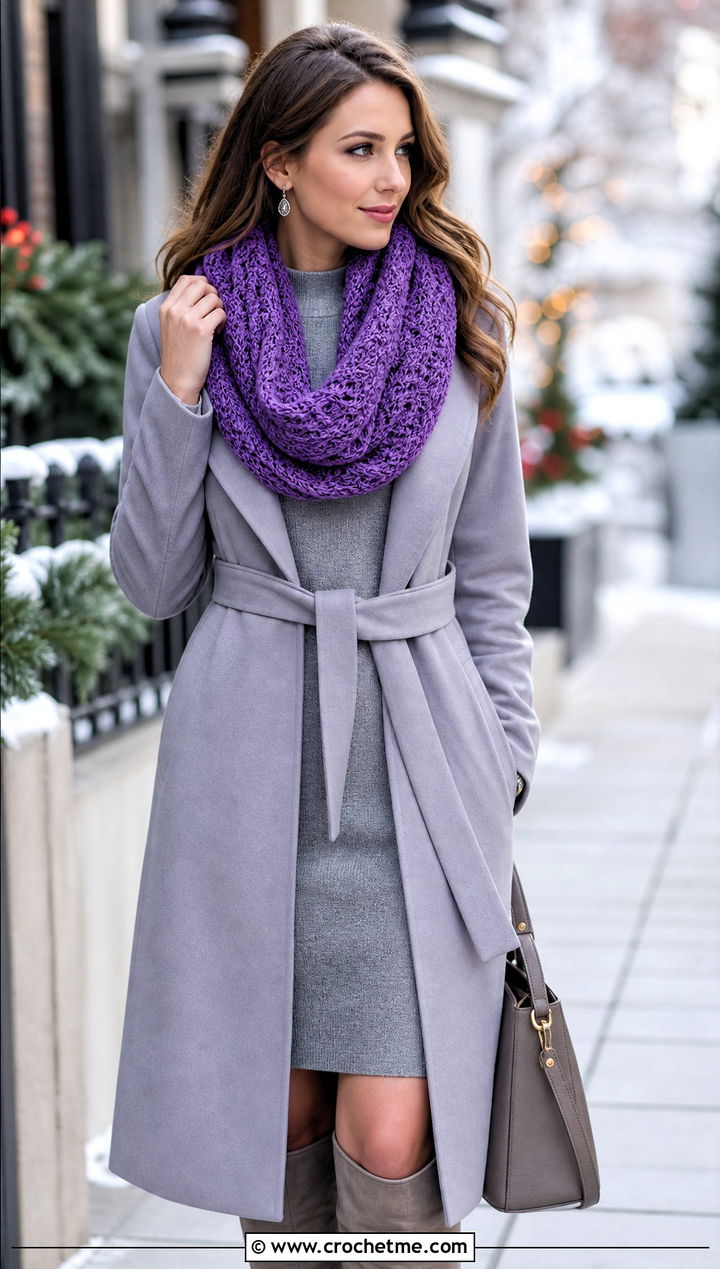 Infinity Crochet Scarf With Sweater Dress And Boots - 25 Crochet Fun Scarf outfit ideas