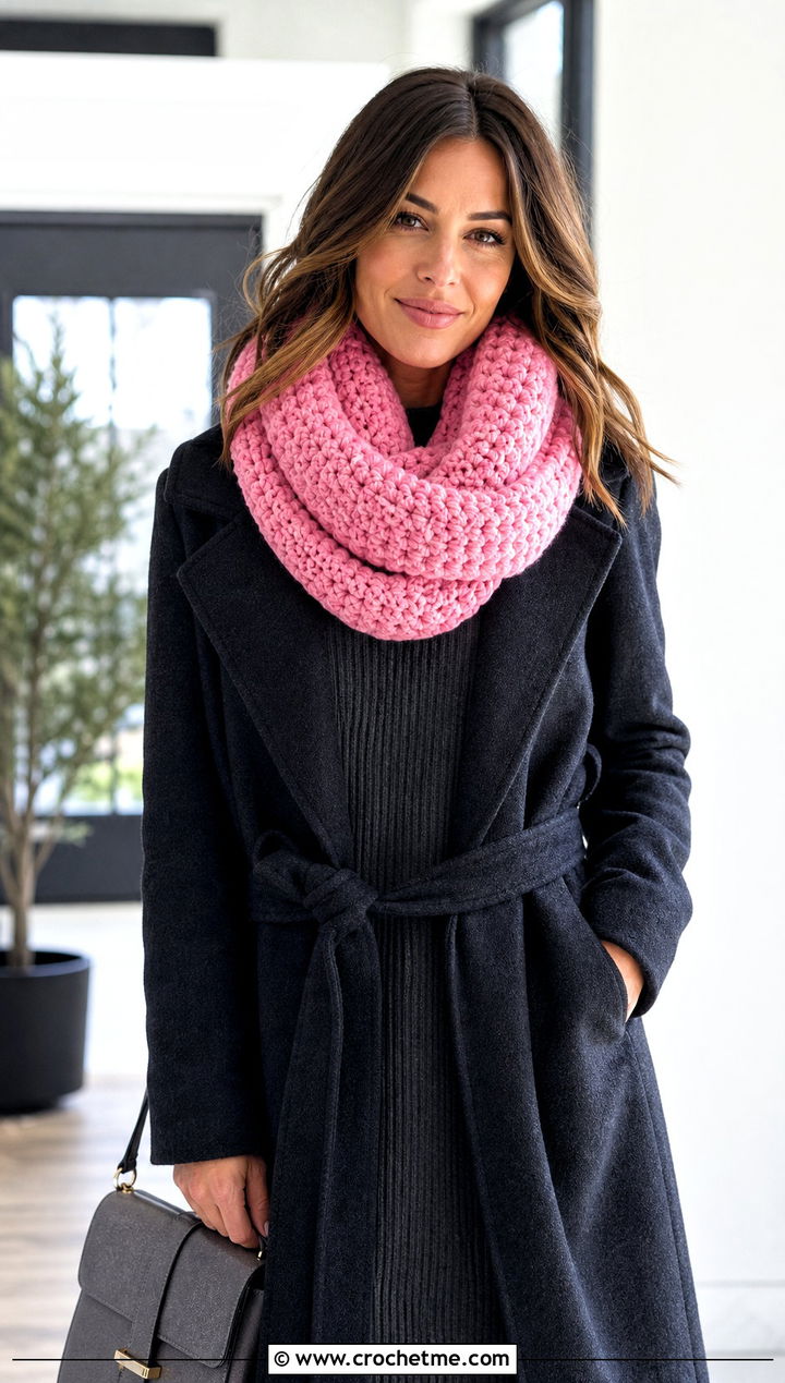 Infinity Crochet Scarf With Sweater Dress - 15 Winter Crochet Scarf Design outfit ideas