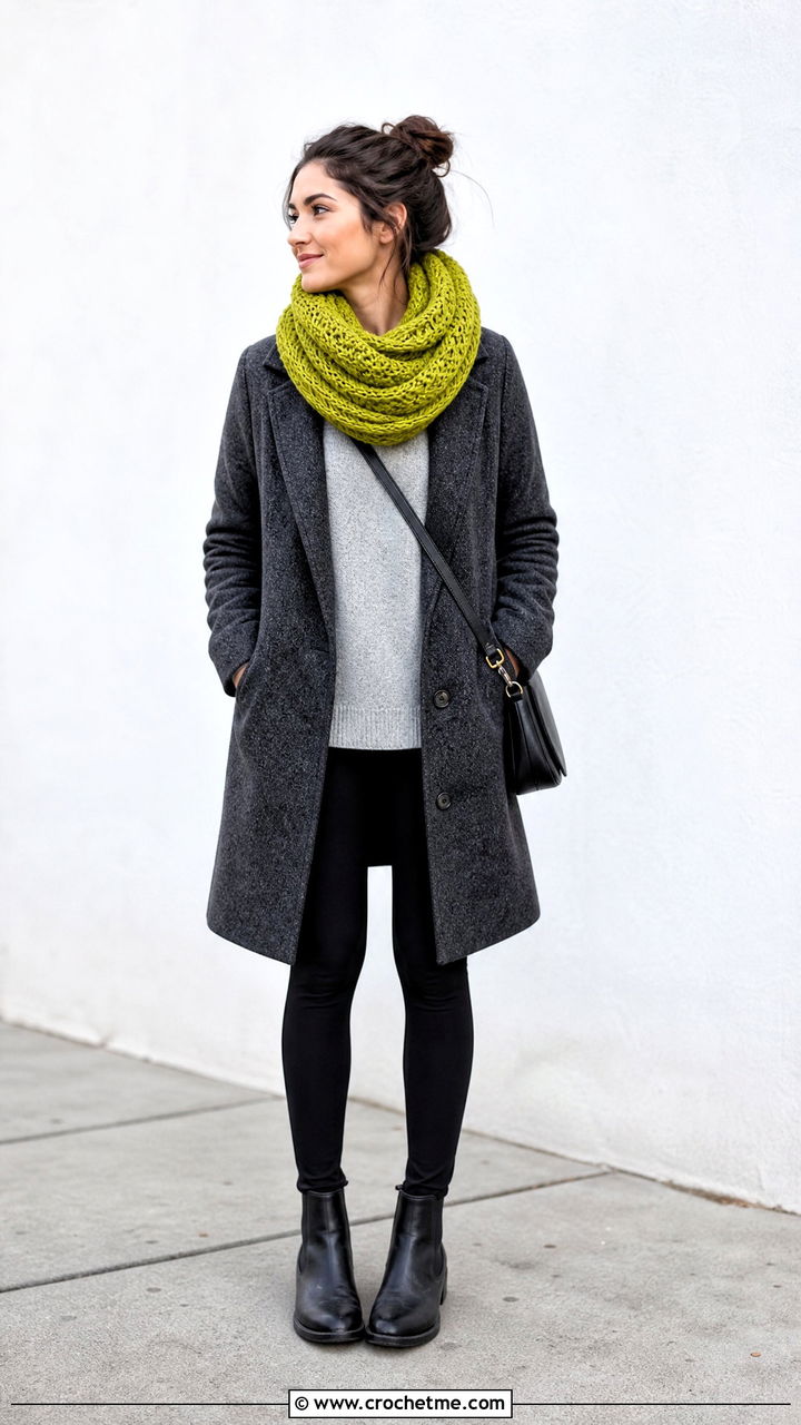 Infinity Crochet Scarf With Sweater and Leggings - 35 easy one skein crochet scarf outfit ideas