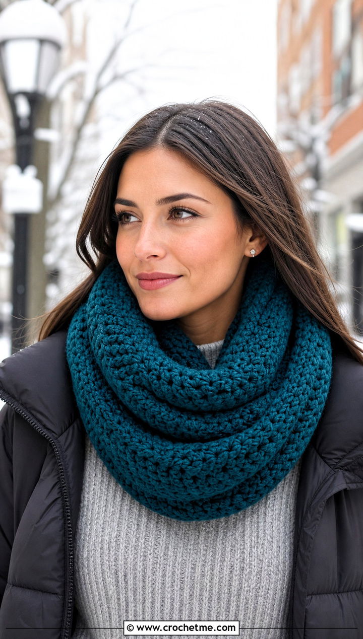 Infinity Crochet Scarf With Sweater and Leggings - 25 boho crochet scarf outfit ideas