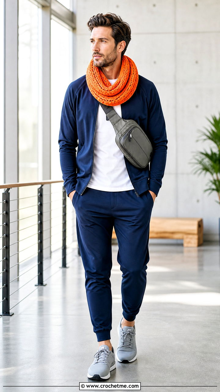 Infinity Crochet Scarf With Tracksuit - 35 men's crochet scarf outfit ideas