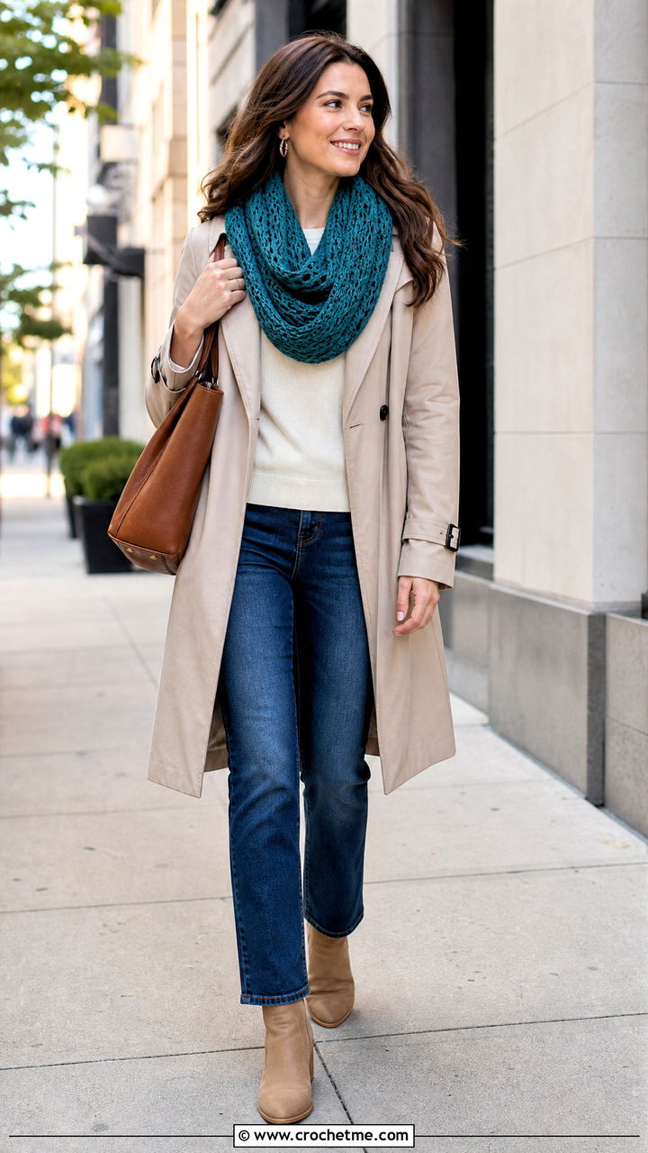 Infinity Crochet Scarf With Trench Coat And Jeans - 35 simple crochet scarf outfit ideas