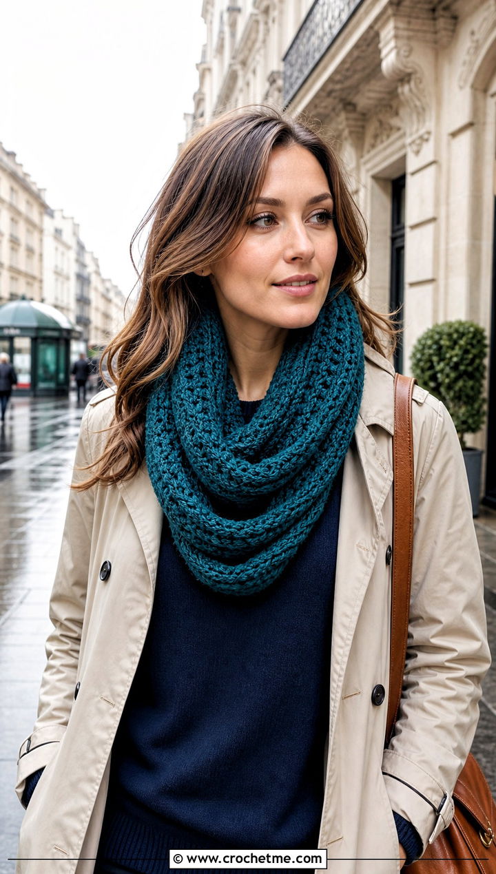 Infinity Crochet Scarf With Trench Coat - 30 wanderlust crochet scarf outfit ideas