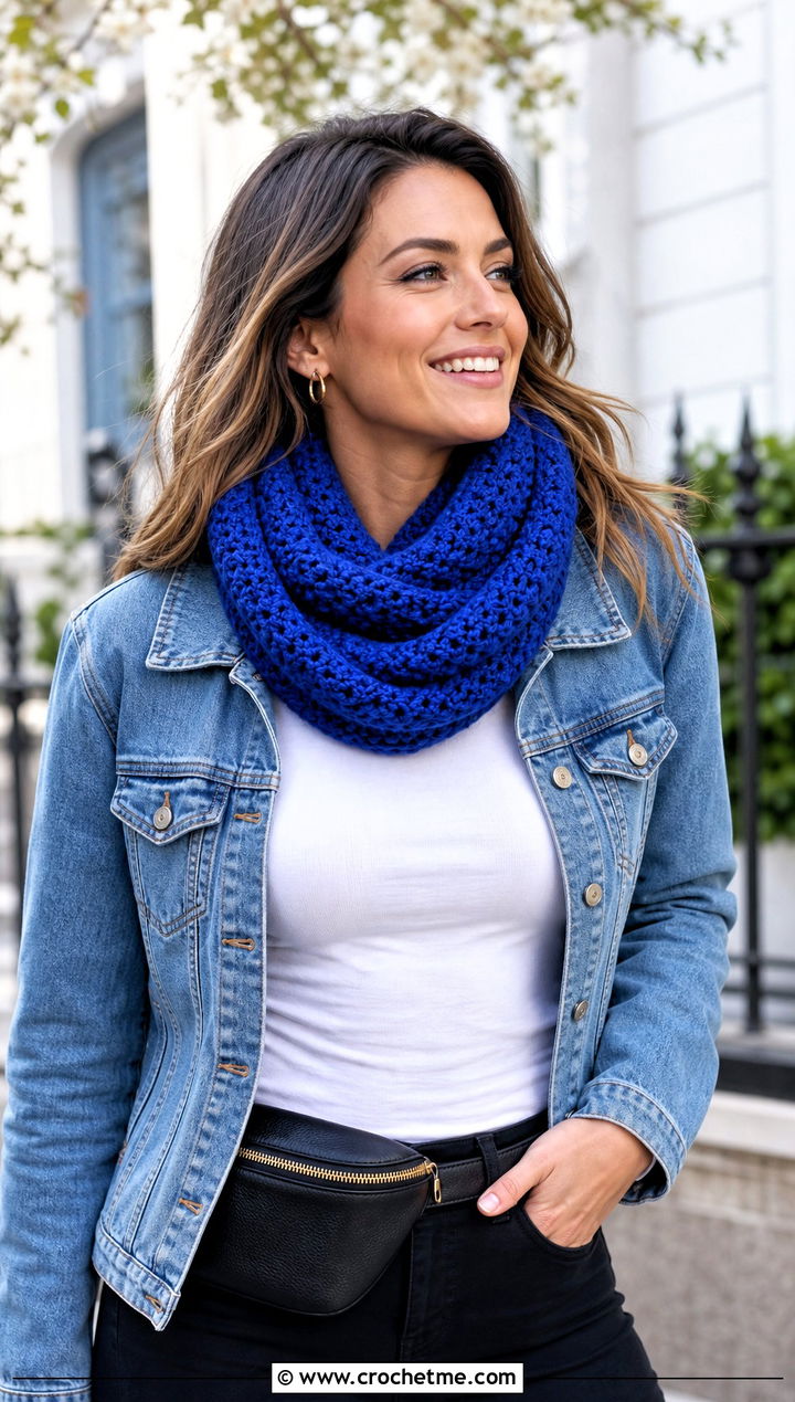 Infinity Crochet Snood Cowl With Denim Jacket - 20 crochet snood cowl outfit ideas