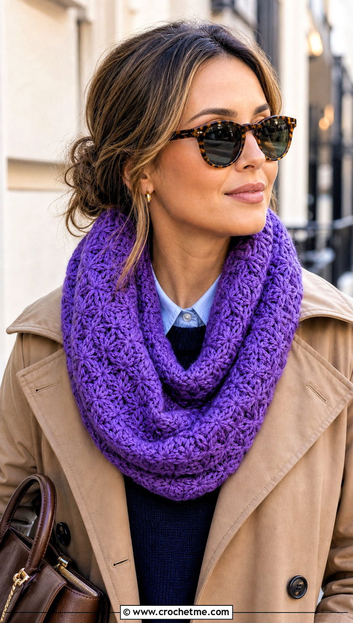 Infinity Crochet Star Stitch Scarf With Trench Coat And Loafers - 25 Crochet Star Stitch Scarf outfit ideas