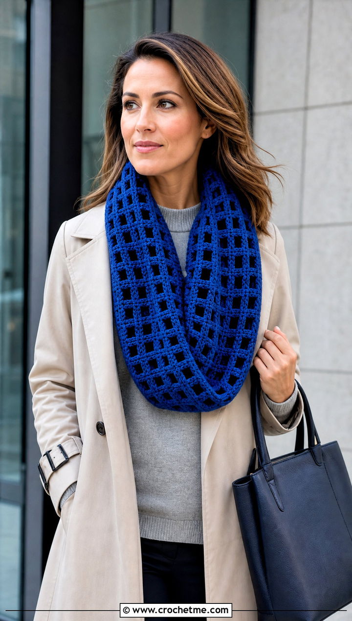 Infinity Crochet Windowpane Scarf With Trench Coat - 15 crochet windowpane scarf outfit ideas
