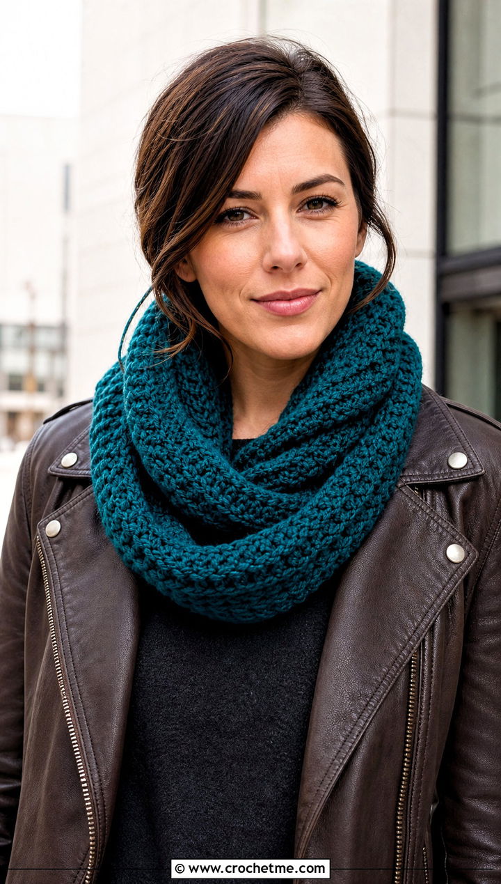 Infinity Crochet Winter Scarf With Leather Jacket - 35 crochet winter scarf outfit ideas