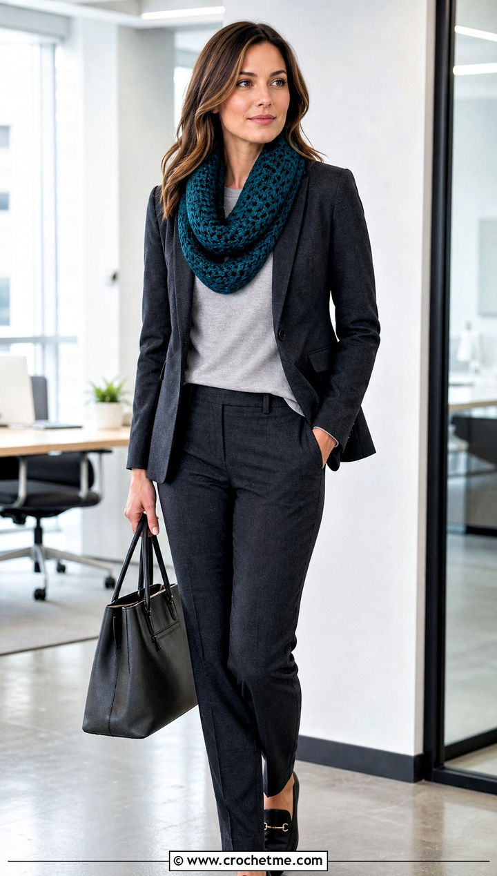 Infinity Crocheted Cowl With Blazer And Tailored Trousers - 25 Crocheted Cowl outfit ideas