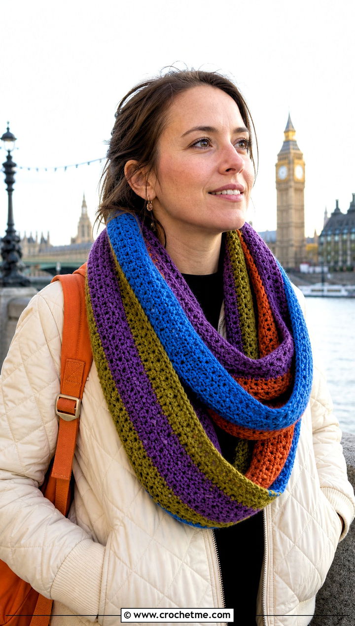 Infinity Doctor Who Crochet Scarf With Quilted Jacket And Cargo Pants - 25 Doctor Who Crochet Scarf outfit ideas