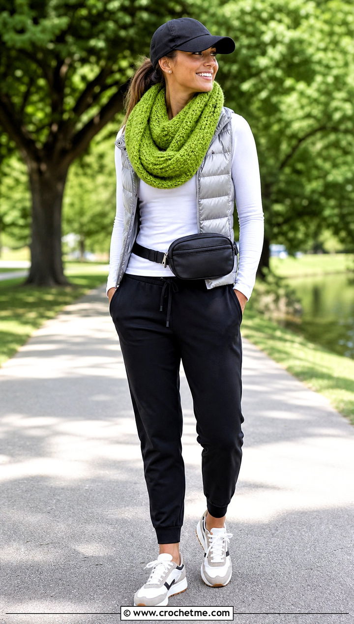 Infinity Double Crochet Scarf With Puffer Vest And Joggers - 35 double crochet scarf outfit ideas
