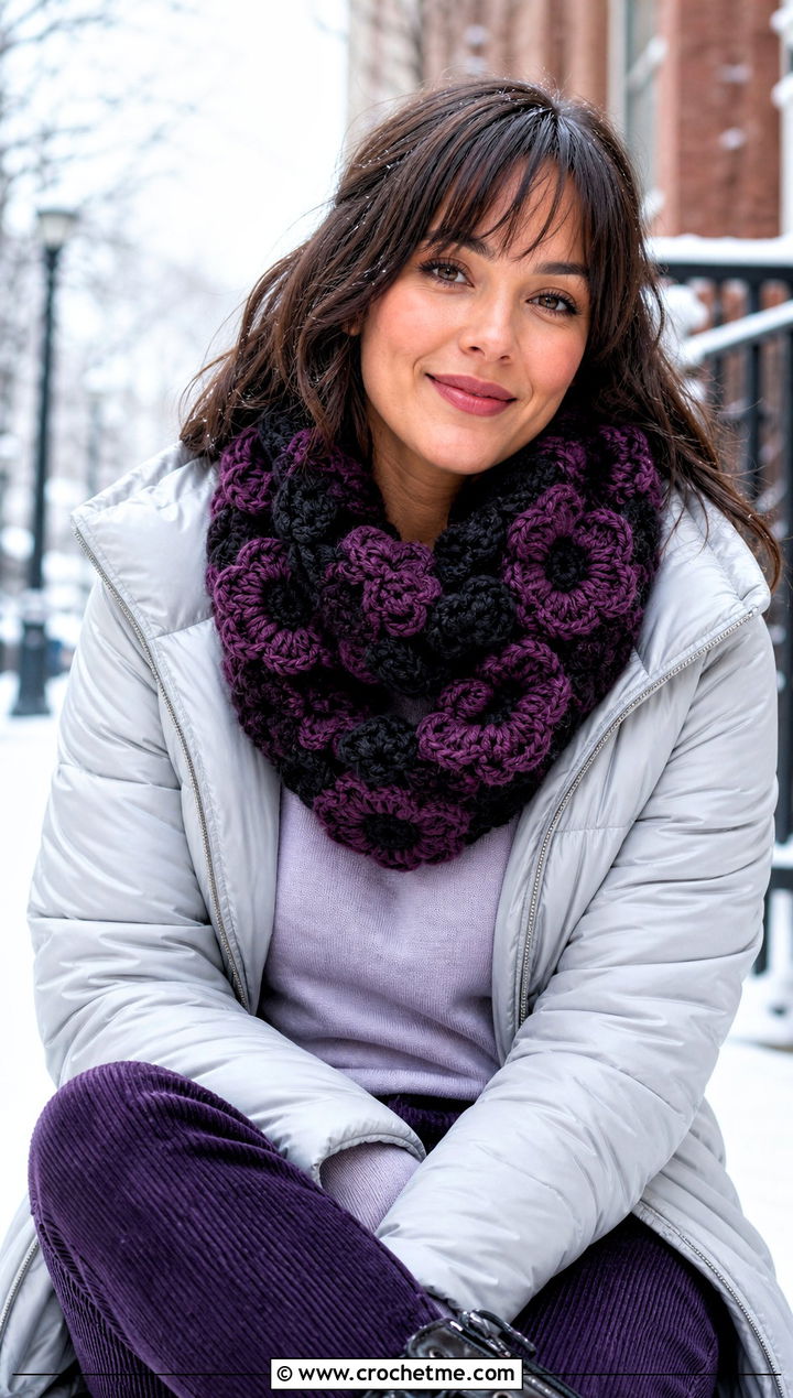 Infinity Flower Scarf With Puffer Jacket - 30 crochet scarf with flowers outfit ideas