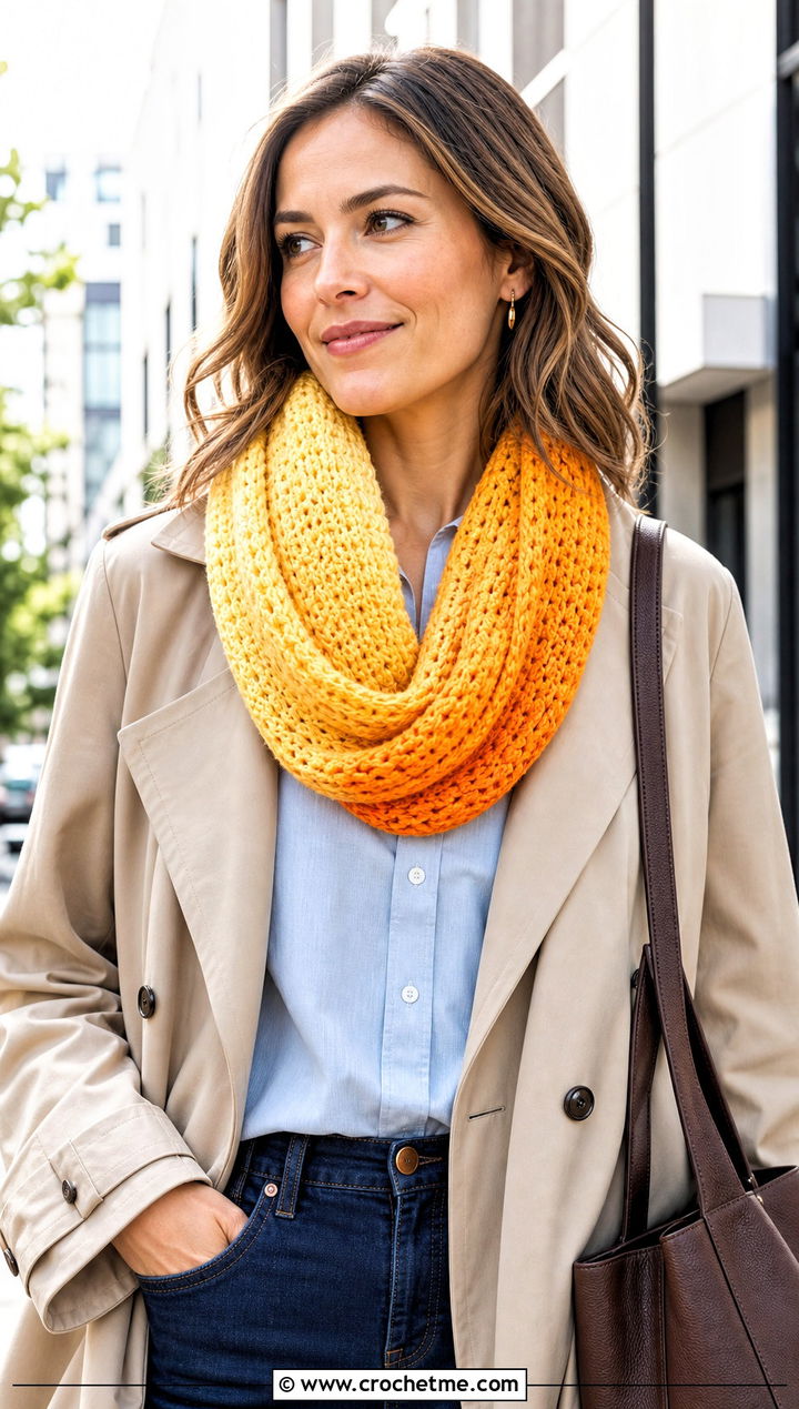 Infinity Gradient Crochet Scarf With Trench Coat - 25 gradient crochet scarf outfit ideas