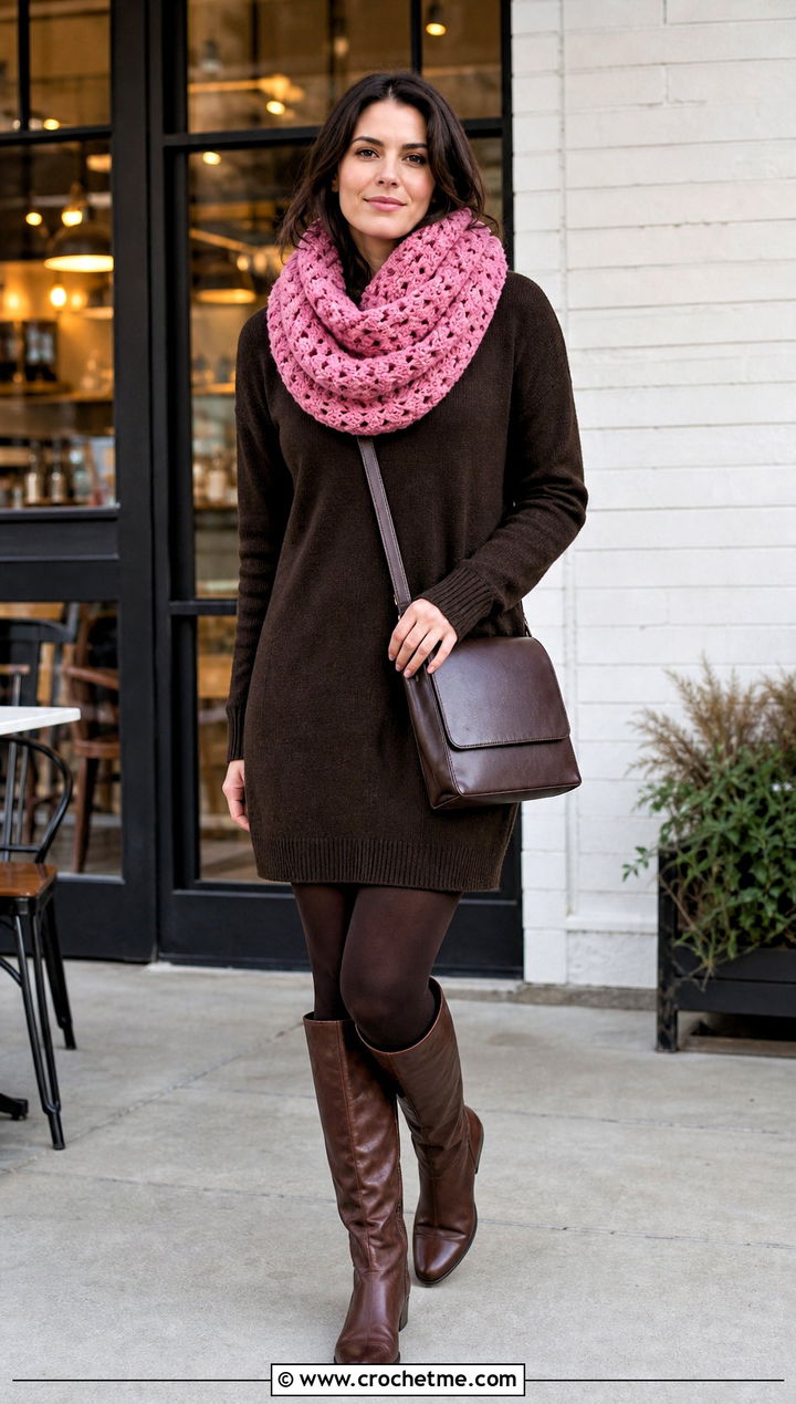 Infinity Granny Scarf With Sweater Dress - 35 granny crochet scarf outfit ideas