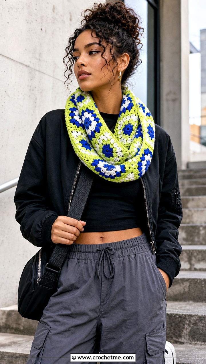 Infinity Granny Square Scarf With Bomber Jacket And Parachute Pants - 30 crochet granny square scarf outfit ideas