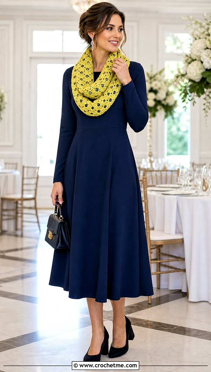 Infinity Granny Square Scarf With Midi Dress And Block Heels - 35 granny square crochet scarf outfit ideas