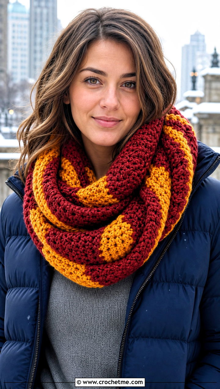 Infinity Gryffindor Crochet Scarf With Puffer Jacket - 25 gryffindor crochet scarf outfit ideas