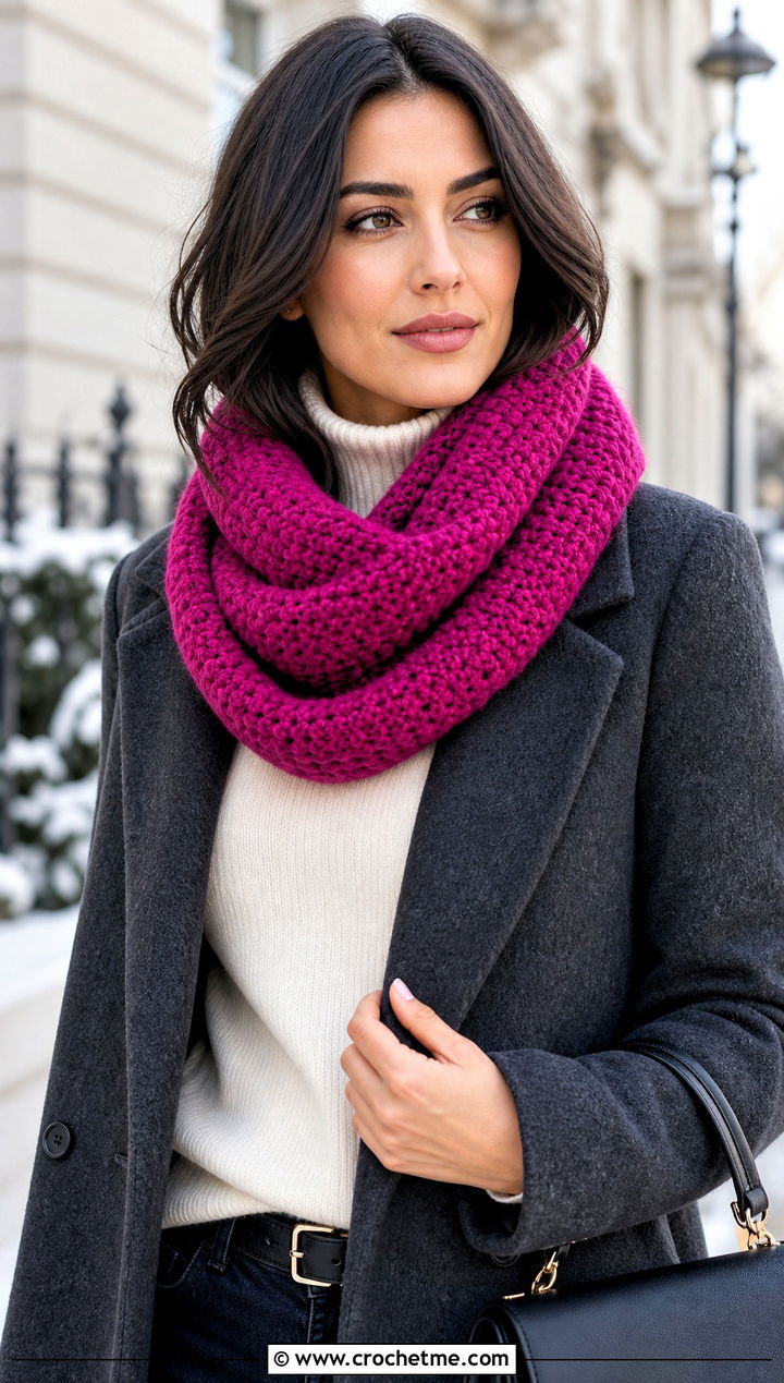Infinity Half Double Crochet Scarf With Wool Coat - 20 Half Double Crochet Scarf outfit ideas