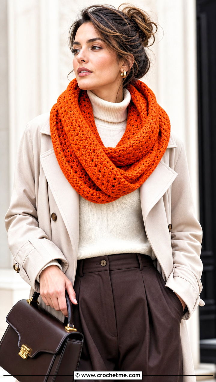Infinity Hooded Scarf With Trench Coat - 25 Crochet Hoodie Scarf outfit ideas