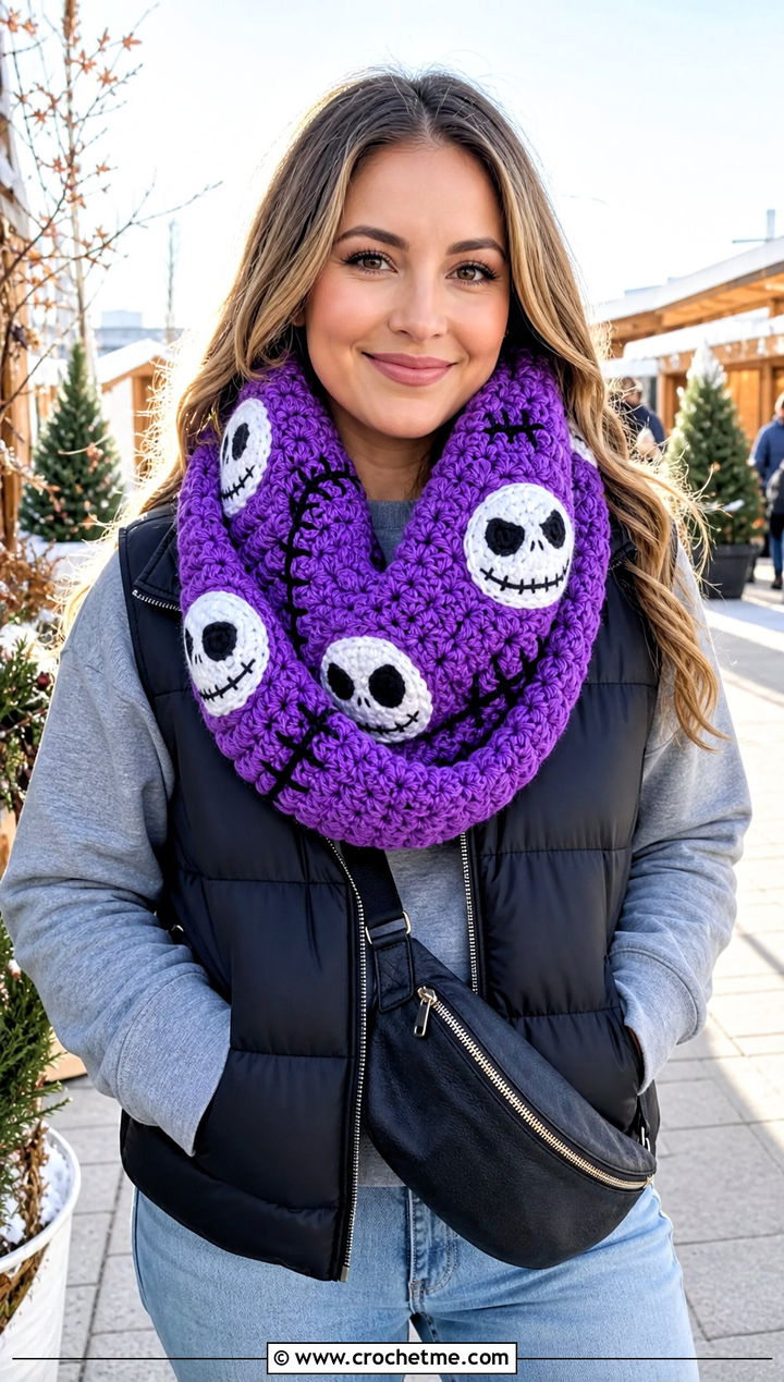 Infinity Jack Skellington Crochet Scarf With Puffer Vest - 20 Crochet Jack Skellington Scarf outfit ideas