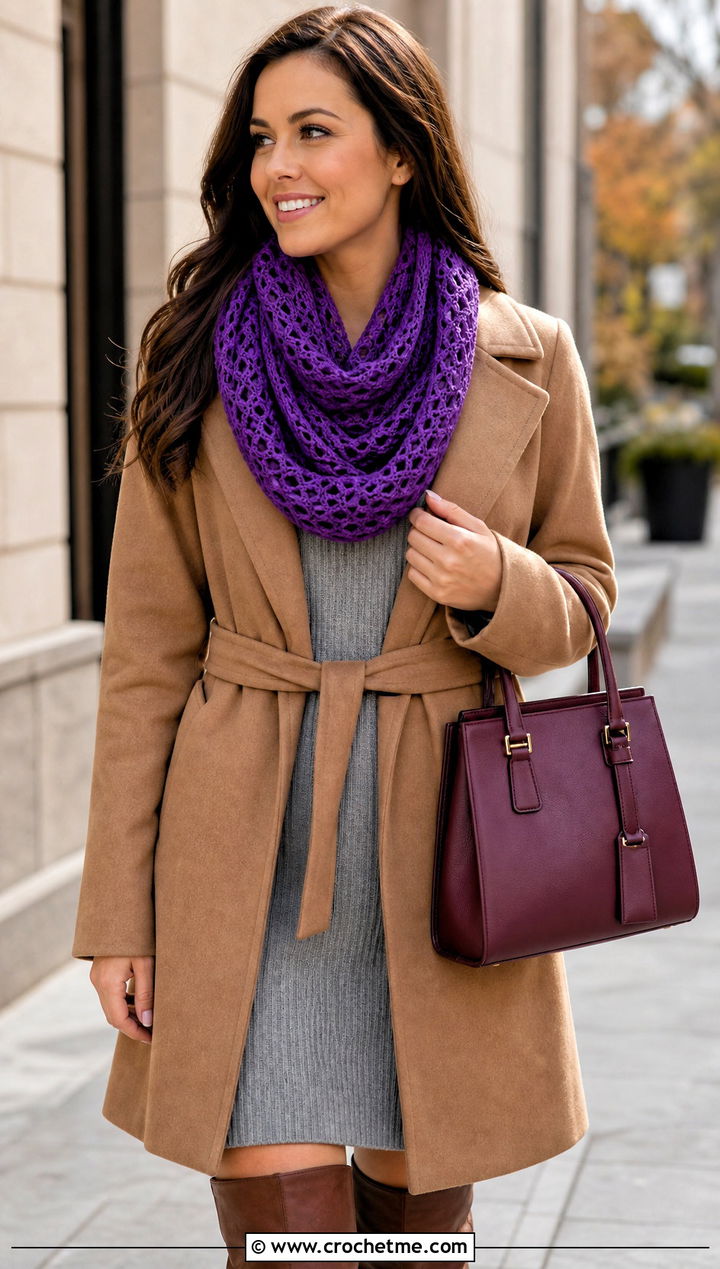 Infinity Lace Crochet Scarf With Sweater Dress And Knee High Boots - 15 Easy Lace Crochet Scarf outfit ideas