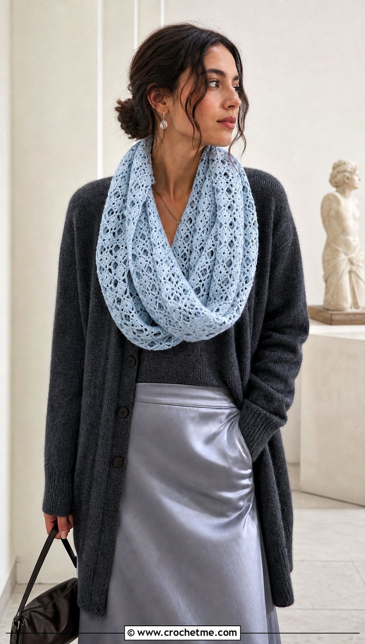Infinity Lace Shell Scarf With Cardigan And Slip Skirt - 25 crochet shell scarf outfit ideas