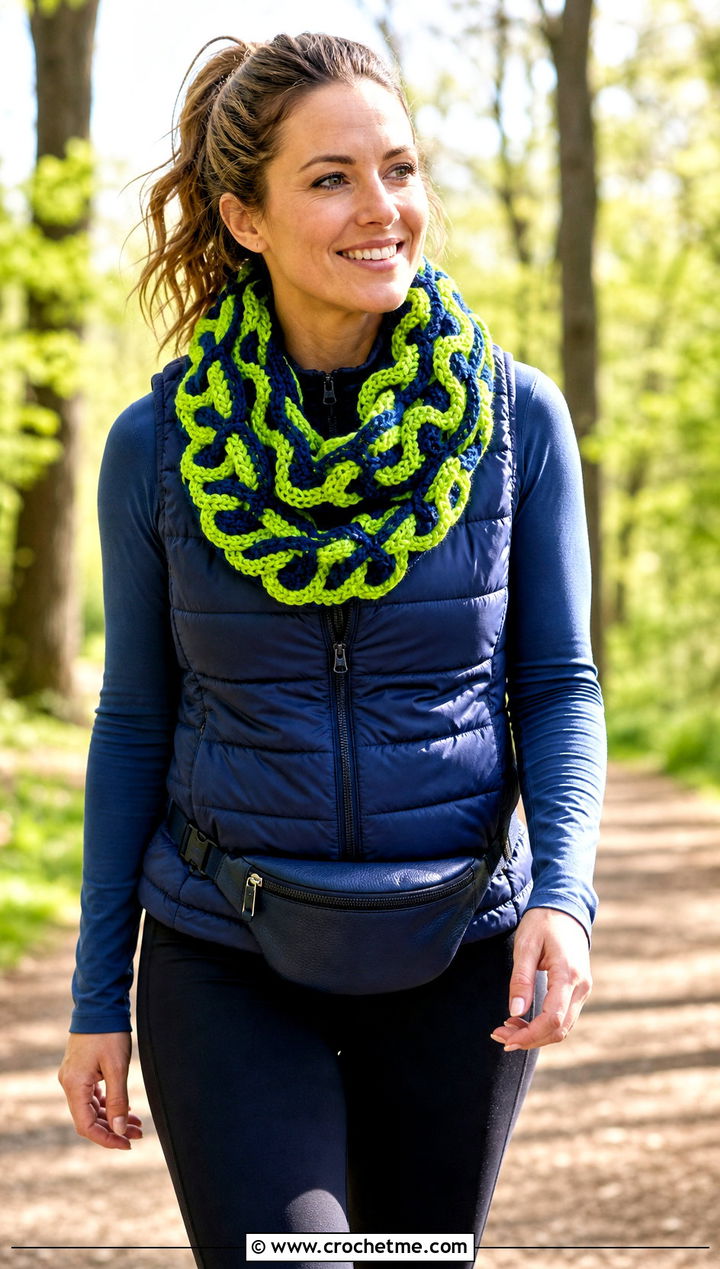Infinity Mosaic Crochet Scarf With Puffer Vest - 25 Mosaic Crochet Scarf outfit ideas