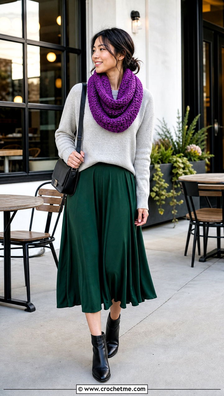 Infinity Moss Stitch Scarf With Sweater And Midi Skirt - 35 crochet moss stitch scarf outfit ideas
