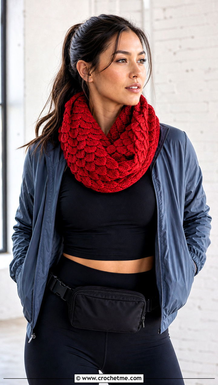 Infinity Natsu Scarf With Leggings and Bomber Jacket - 15 Crochet Natsu Scarf outfit ideas