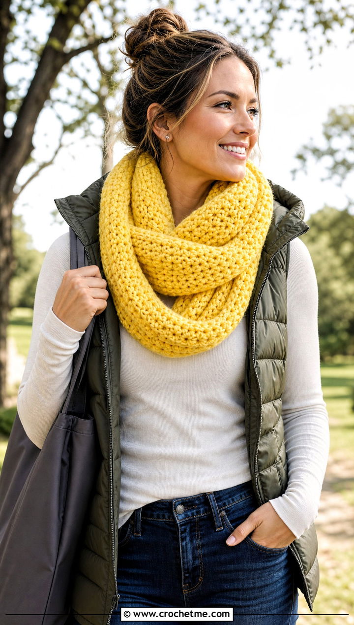 Infinity One Ball Crochet Scarf With Puffer Vest - 15 one ball crochet scarf outfit ideas