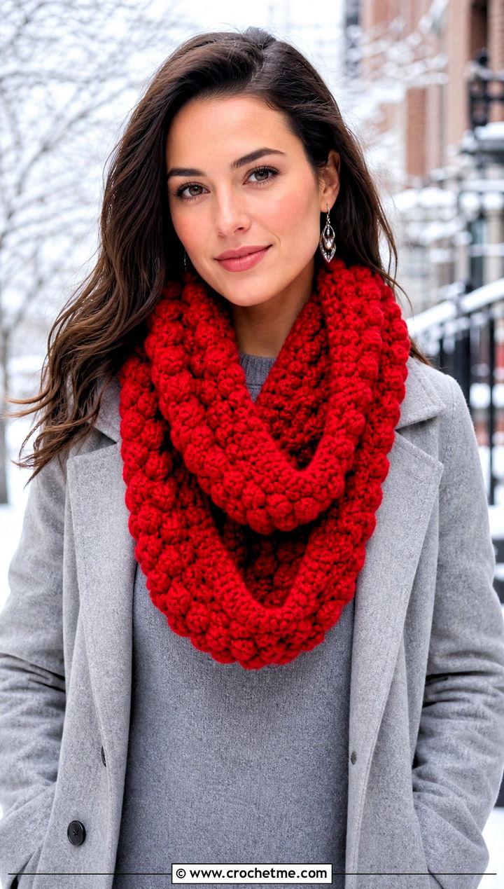 Infinity Popcorn Crochet Scarf With Sweater Dress - 25 Popcorn Crochet Scarf outfit ideas