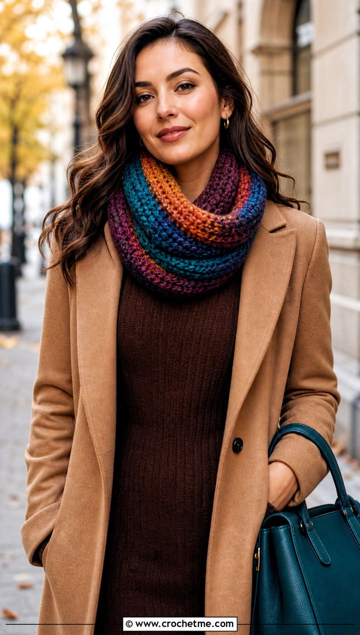 Infinity Rainbow Scarf With Sweater Dress And Boots - 15 Crochet Rainbow Scarf outfit ideas