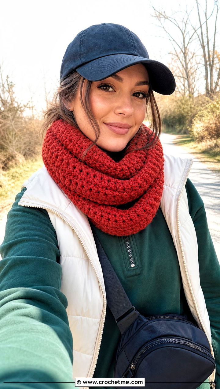 Infinity Red Crochet Scarf With Puffer Vest - 25 taylor swift red crochet scarf outfit ideas