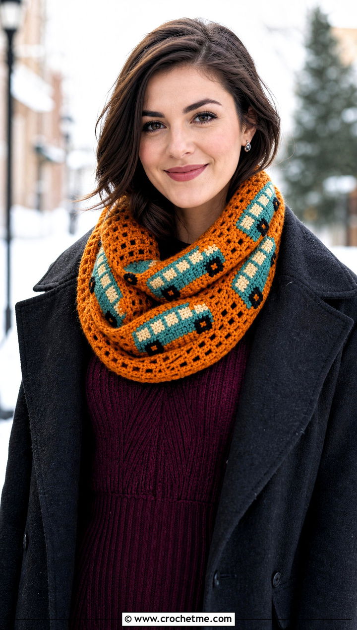 Infinity School Bus Scarf With Sweater Dress - 25 Crochet School Bus Scarf outfit ideas