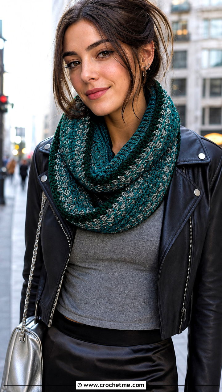 Infinity Slytherin Crochet Scarf With Leather Jacket - 30 slytherin crochet scarf outfit ideas