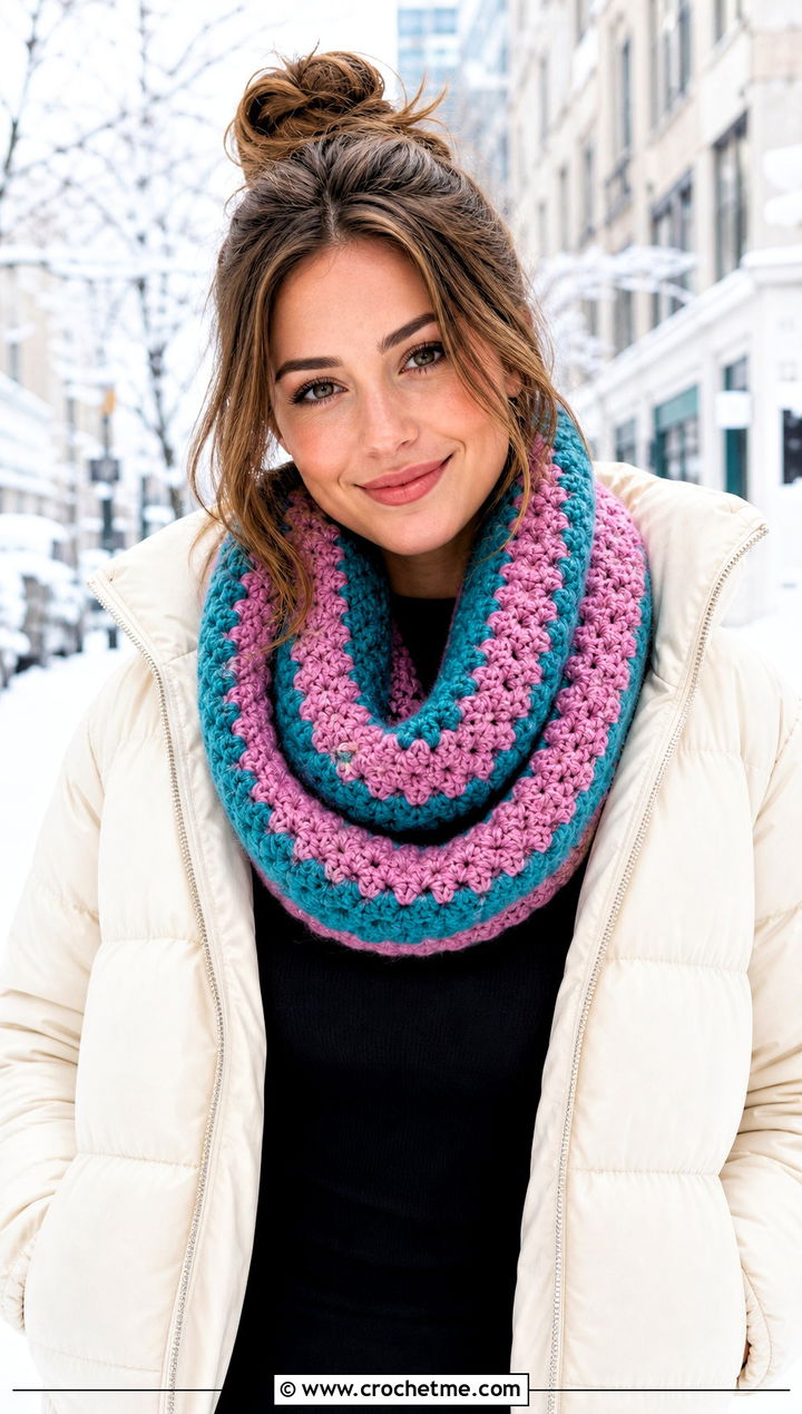 Infinity Stripe Crochet Scarf With Puffer Jacket - 30 Stripe Crochet Scarf outfit ideas