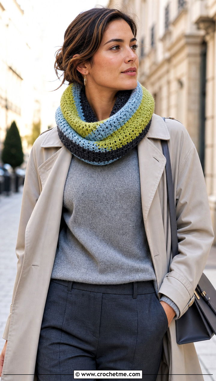 Infinity Striped Crochet Cowl With Trench Coat - 15 striped crochet cowl outfit ideas