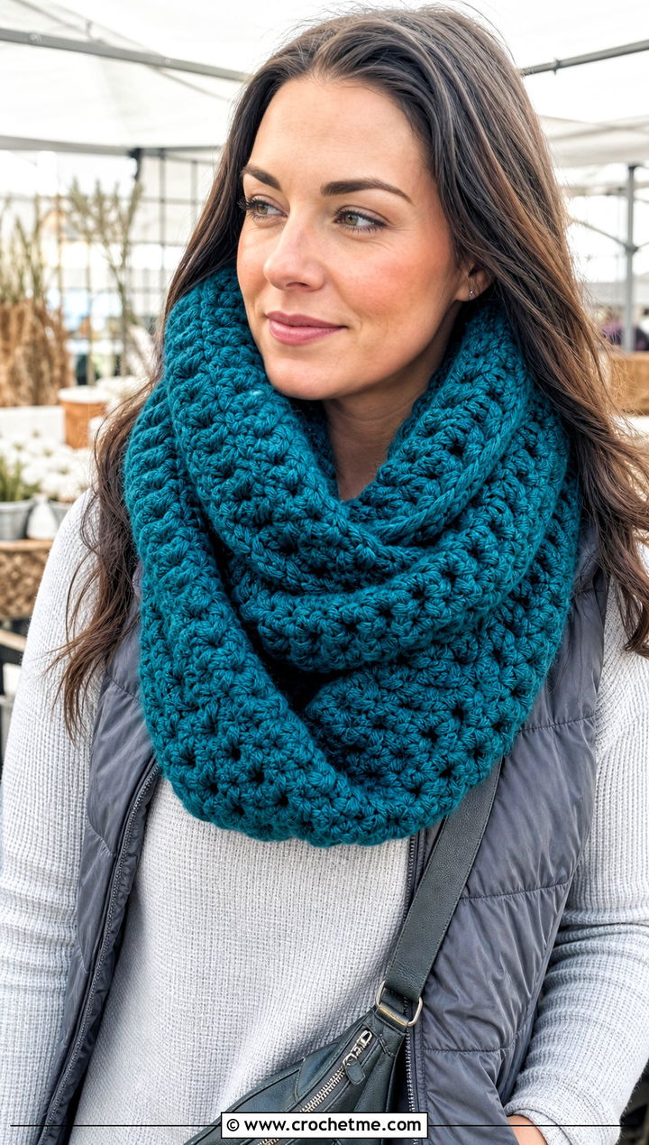 Infinity Super Chunky Crochet Scarf With Puffer Vest - 25 Super Chunky Crochet Scarf outfit ideas