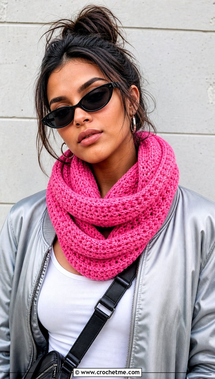 Infinity Thermal Stitch Crochet Scarf With Bomber Jacket - 20 Thermal Stitch Crochet Scarf outfit ideas